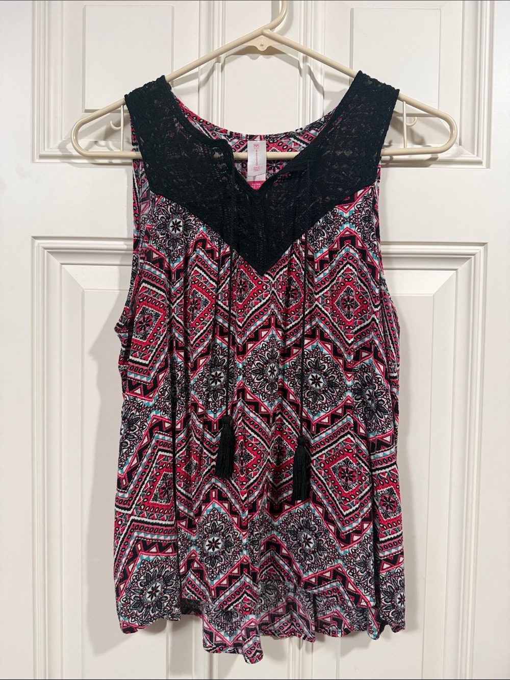 No Boundaries Pink and Black Geometric Lace Yoke Camisole